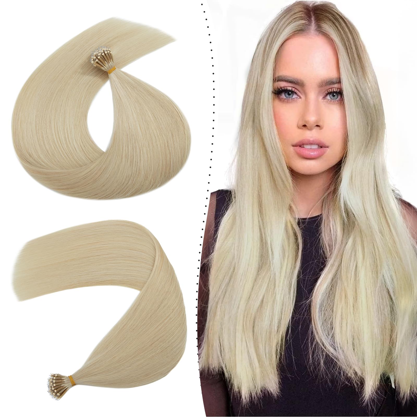 Silk-co Hair Extension with Nano Ring 1g/s Pre Bonded Nano Tip Hair Extensions Cold Fushio 22inches; #70 Bleach White With Nano Beads Cold Fusion 50 Strands