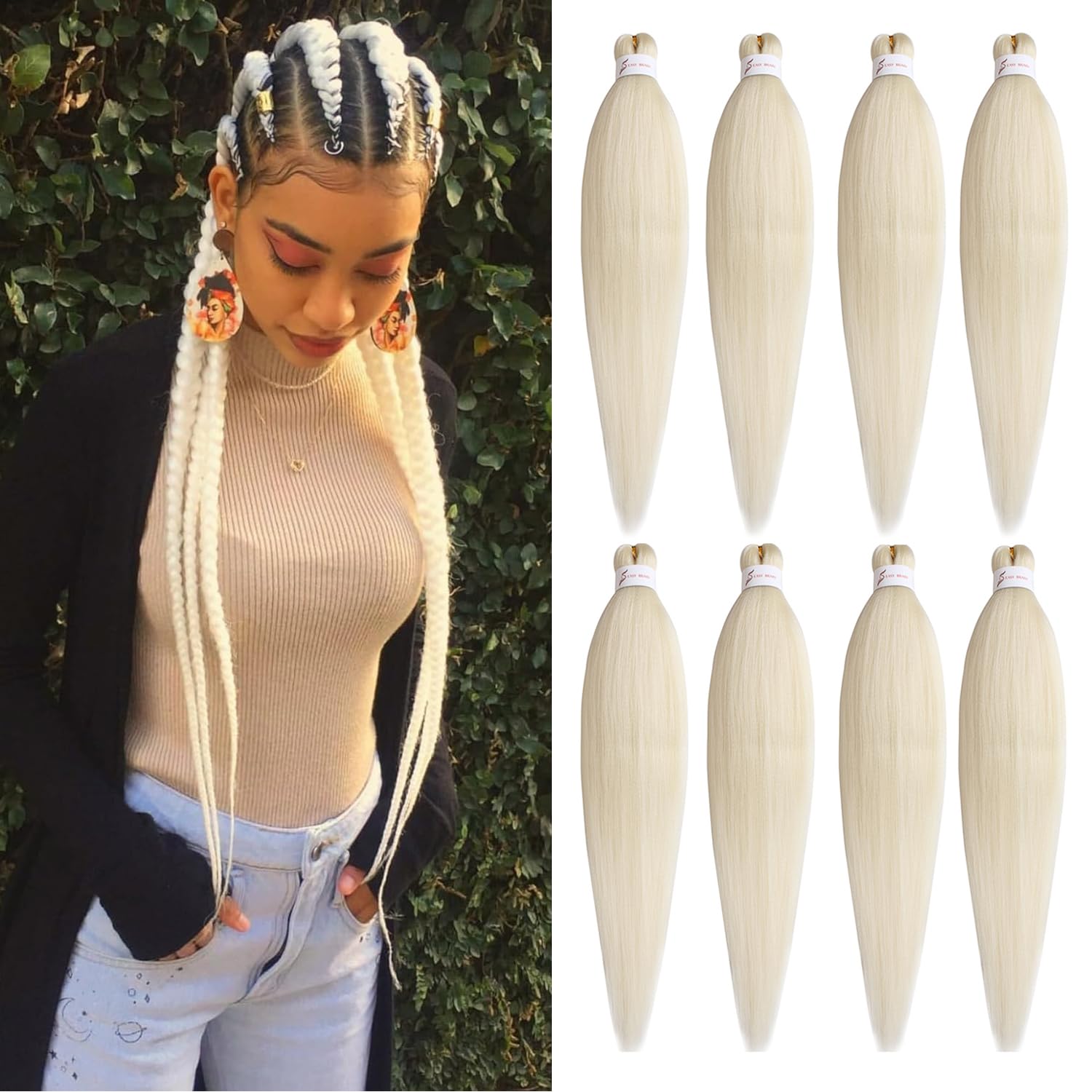 Mscat 16 Inch 8 Packs Pre Stretched Braiding Hair Light Blonde Pre Stretched Braiding Professional Synthetic Prestretched Crochet Braids Hair Extension Hot Water Setting Yaki Texture (613#)