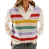 IEEILULU Womens Cap Sleeve Sweater Vest Striped Color Block V Neck Sleeveless Tank Top Loose Summer Sweater Vest Tops