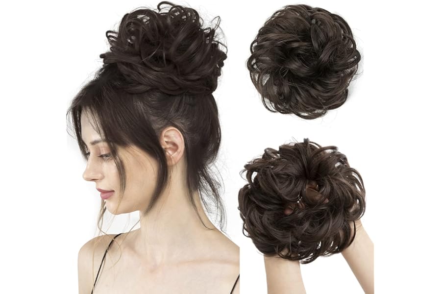 CJL HAIR Large Messy Bun Hair Piece Wavy Curly Scrunchies Synthetic Chignon Ponytail Hair Extensions Thick Updo Hairpieces for Women Dark Brown