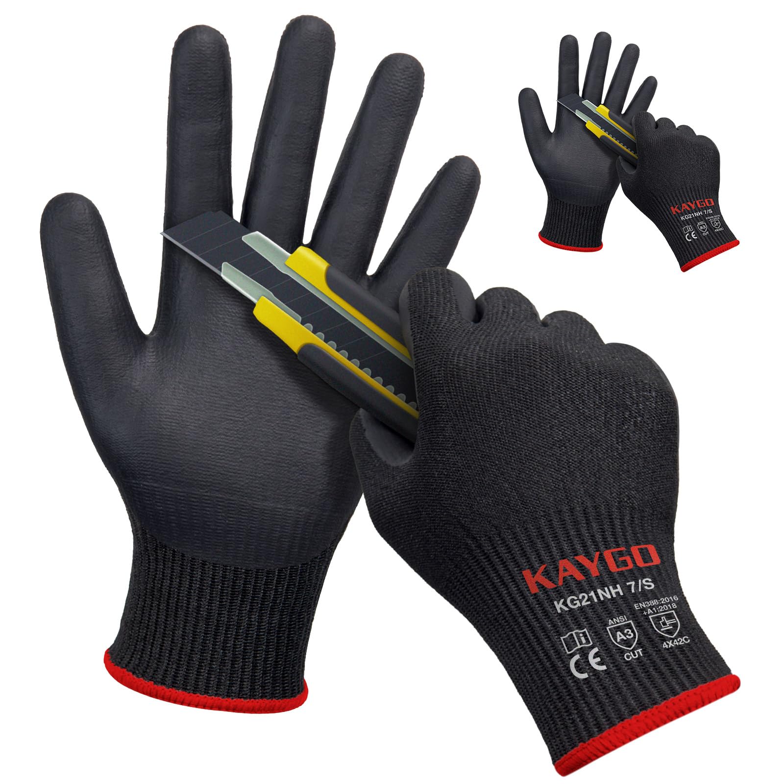 KAYGO Cut Resistant Work Gloves - 2 Pairs, Level C Protection, MicroFoam Nitrile Coated Good Grip Machine Washable, Cut Proof Safety Gloves EN388 4X42C, Ideal for Construction DIY, KG21N (Black, S)