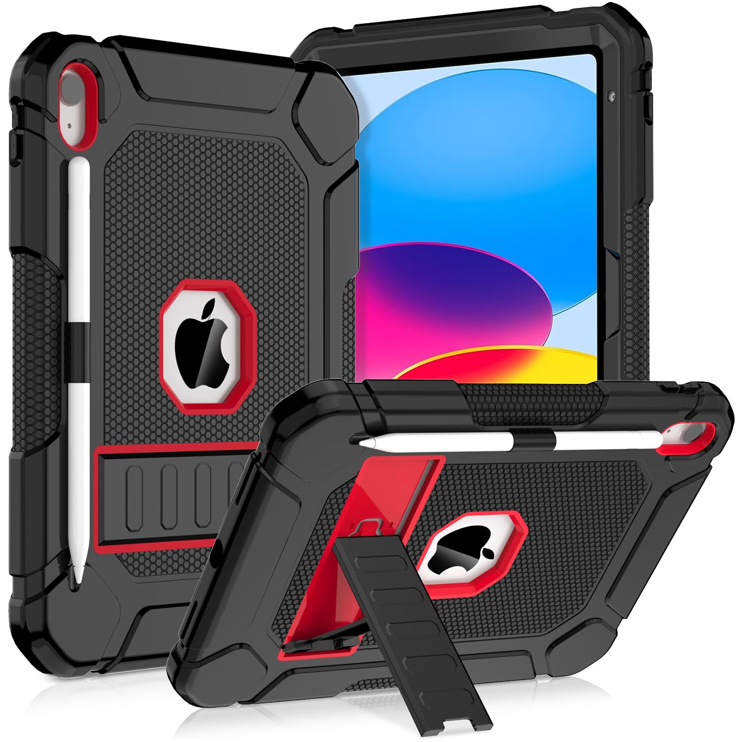 SINSO Case for iPad A16 11th Generation 11 inch 2025/iPad 10th Generation 10.9 inch 2022, Fully-Body Heavy Duty Shockproof Protective iPad Cover Built-in Pencil Holder/Kickstand, Black Red