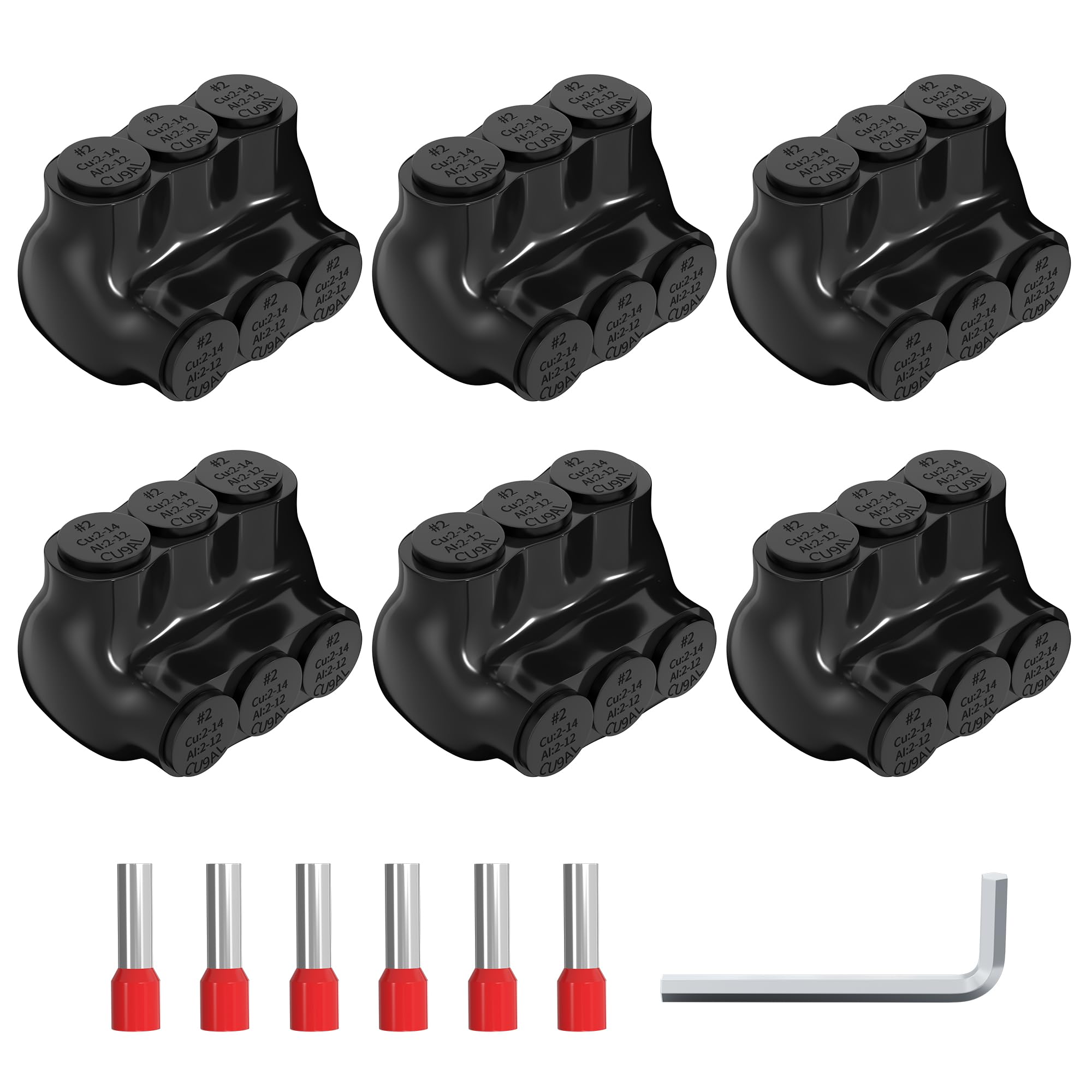 Photo 1 of 3 Port Insulated Multi Tap Connector 2-14AWG Aluminum to Copper Wire Connectors Single Side Entry Aluminum Electrical Cable Connectors UL Listed with Slotted Allen Hex - 6 Pack