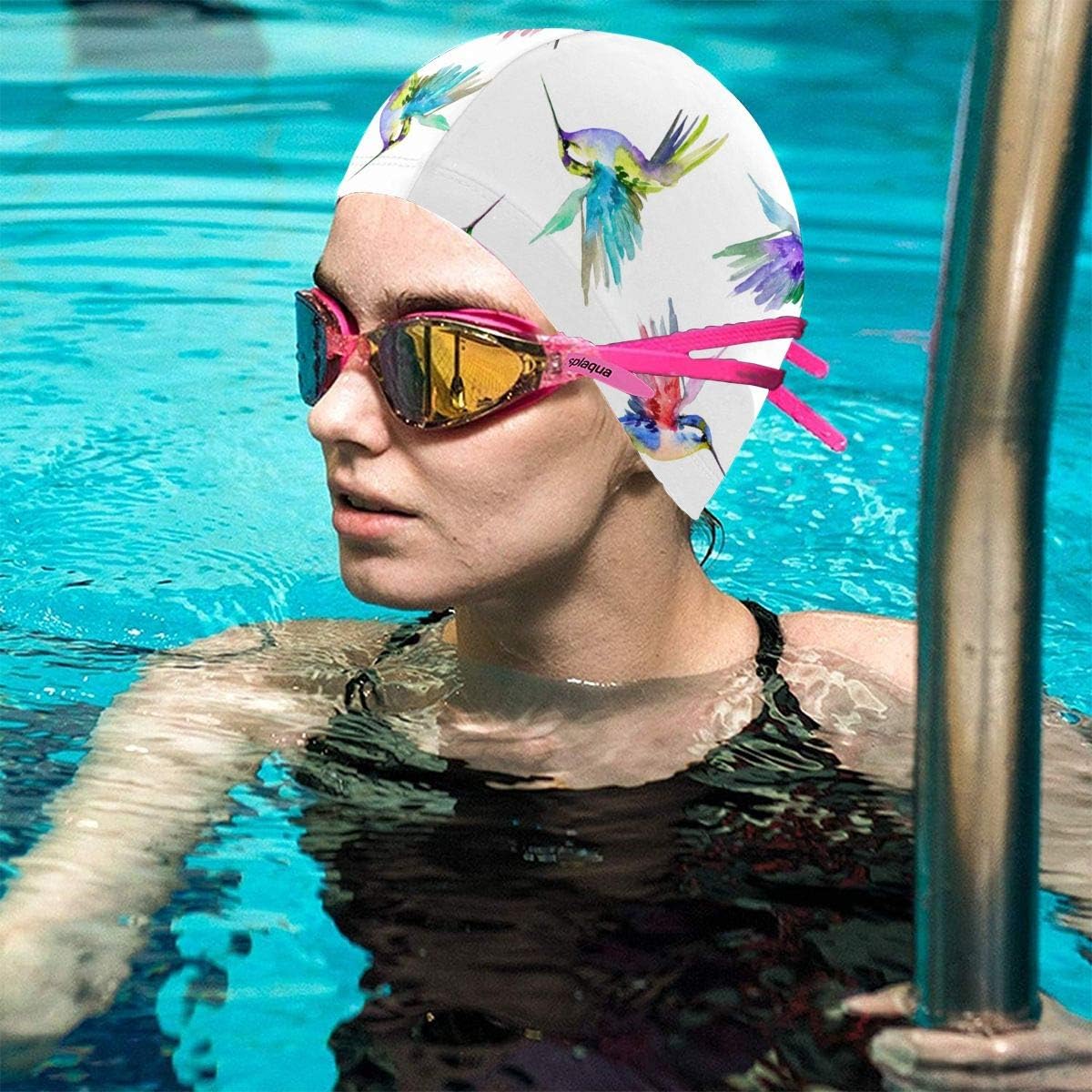 Lanswim Swim Cap for Women/Men，Waterproof Hair Swimming Caps Special Printed Adults Comfortable Fit Swimming Cap for Hummingbird Watercolor : Sports & Outdoors