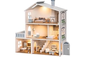 ROBUD Doll House, Wooden Dollhouse with 6 Rooms, 29-pcs Realistic Accessories, Dollhouse Playset for 4-6 Inch Dolls, Gifts fo