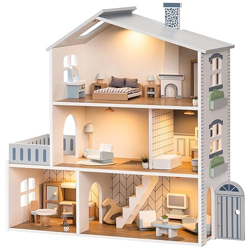 ROBUD Doll House, Wooden Dollhouse with Rooms, 29-pcs Realistic  Accessories, Dollhouse Playset for 4-6 Inch Dolls, Gifts for Kids  Toddlers, Nordic