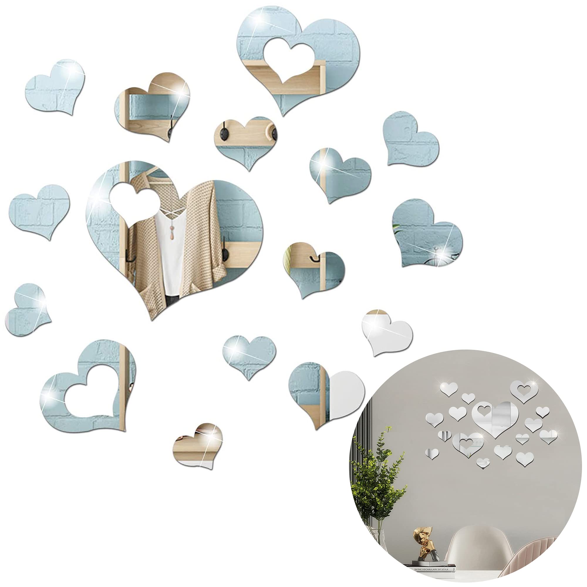 HAOBIN Pack of 16 Wall Stickers, Mirror Wall Stickers, Acrylic Mirror Wall Stickers, DIY Mirror Wall Stickers, Heart Decoration Wall Stickers, Mirror Effect Wall Stickers for Home Decoration