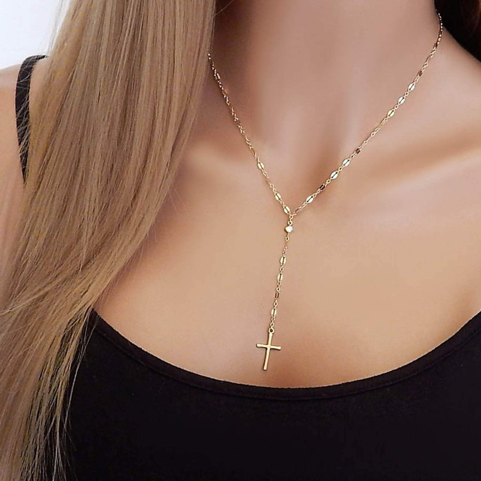 Yienate Vintage Cross Y Necklace Chain Dainty Lasso Cross Pendant Charm Minimalist Necklace Jewelry for Women and Girls (Gold)