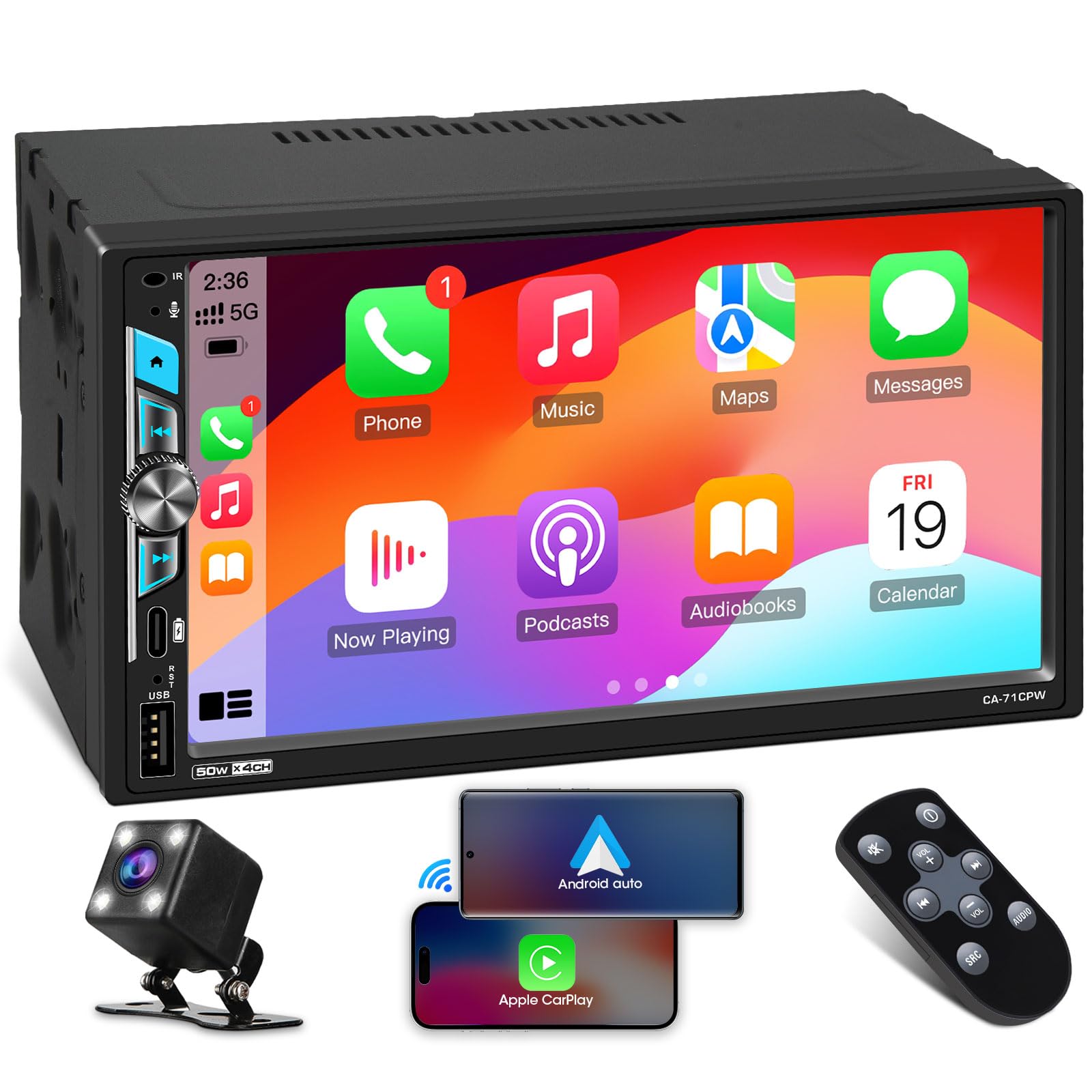 Photo 1 of Double Din Car Stereo Receiver - ABSOSO 7 Inch Wireless CarPlay Android Auto Touchscreen for Car - Bluetooth Backup Camera Type-C PD3.0 Fast Charge 4.2 CHN 2 Subwoofers Outputs AM FM Radio