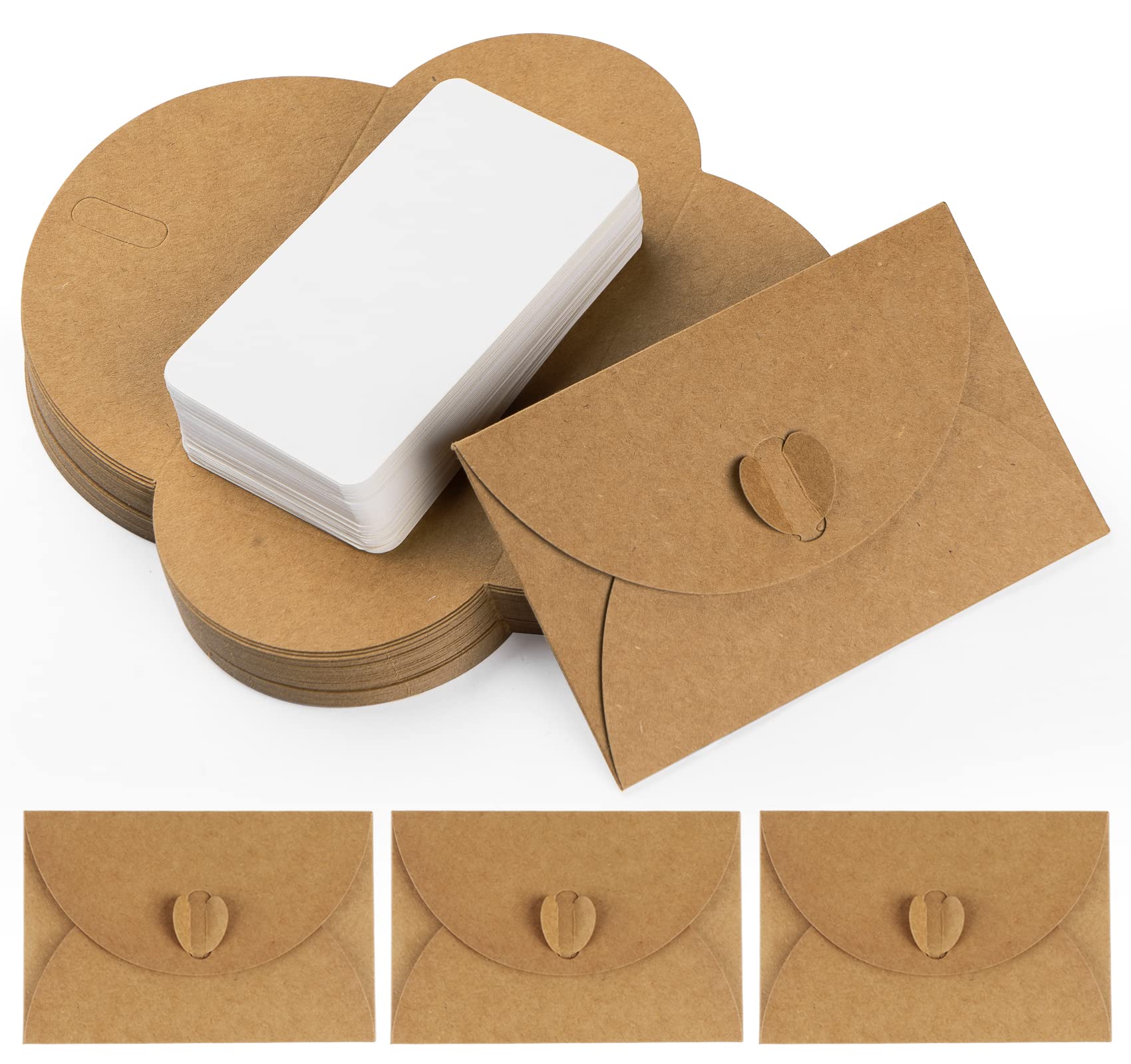 Mocraft 50 Mini Kraft Paper Envelopes With Cards - Vintage Small Letter Envelopes With Heart Closure for Gift Cards, DIY Thank You, Wedding - Brown