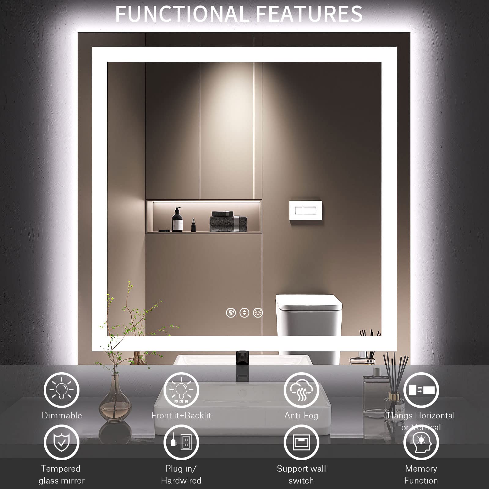LOAAO 36X36 LED Bathroom Mirror with Lights, Anti-Fog, Dimmable, Backlit + Front Lit, Lighted Bathroom Vanity Mirror for Wall, Memory Function, Tempered Glass, Safe to Use, ETL Listed