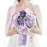 HOMENERGY Wedding Bouquets for Bride - Artificial Bridal Bouquets Pre-Made Roses Flower Bouquets for Vintage Wedding or Centerpieces Decoration - Lilac & White