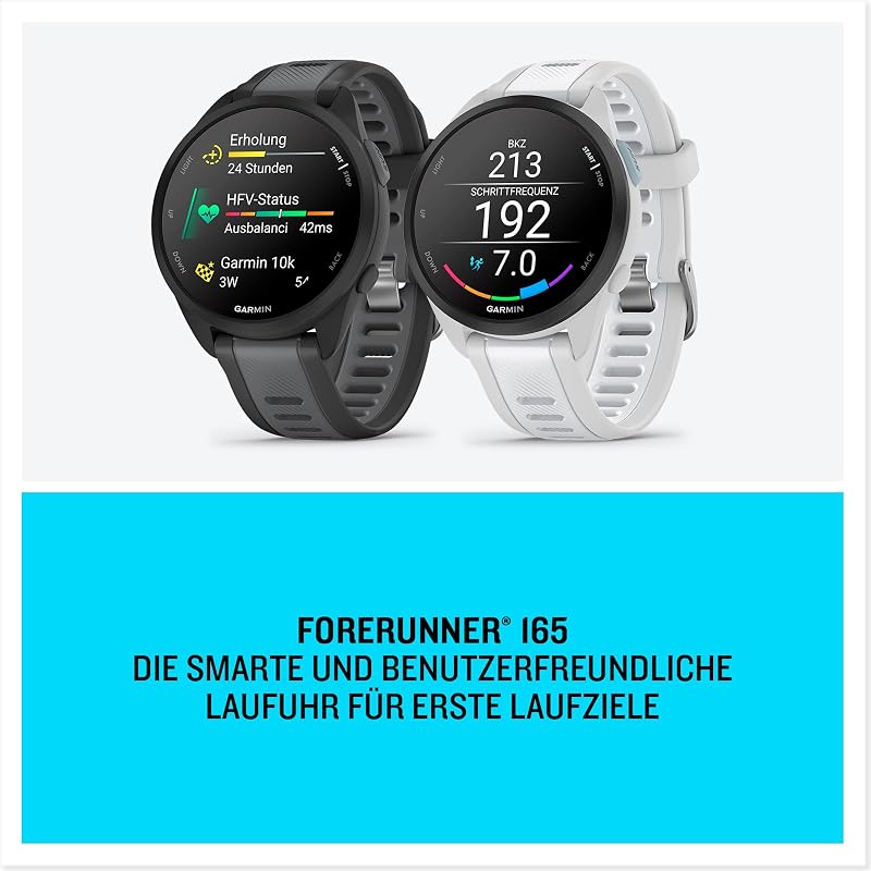 Forerunner 165 43mm - Lauf-Smartwatch, 1,2" AMOLED Touchscreen, bis zu 11 Tage Akkulaufzeit, 25+ Sport-Apps, Trainingsempfehlungen, Gesundheitsdaten, smarten Funktionen