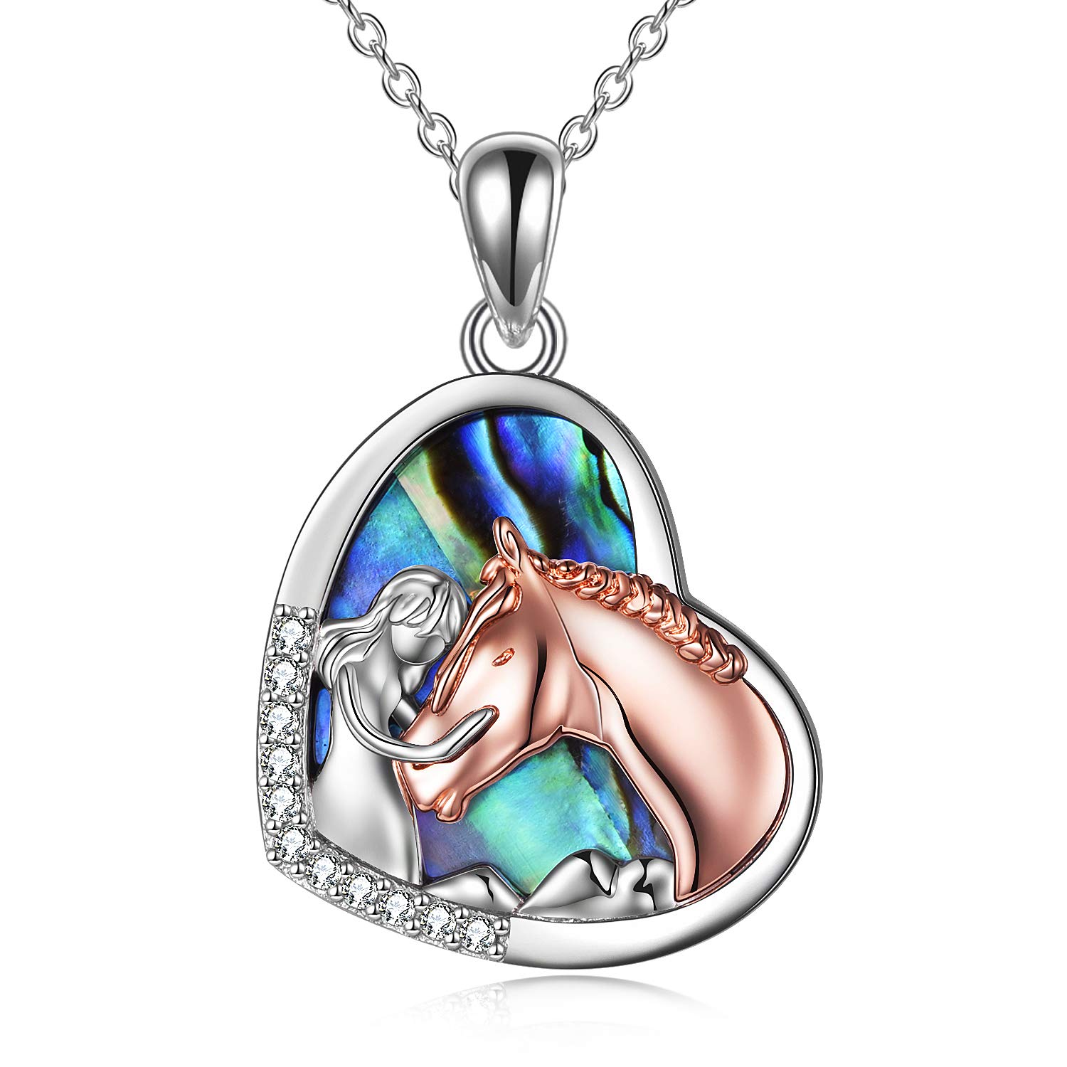 YFN Girl and Horse Necklace for Girls Sterling Silver Horse Jewellery Horse Gifts for Women (Horse Necklace with Nature Abalone Shell) — image 1