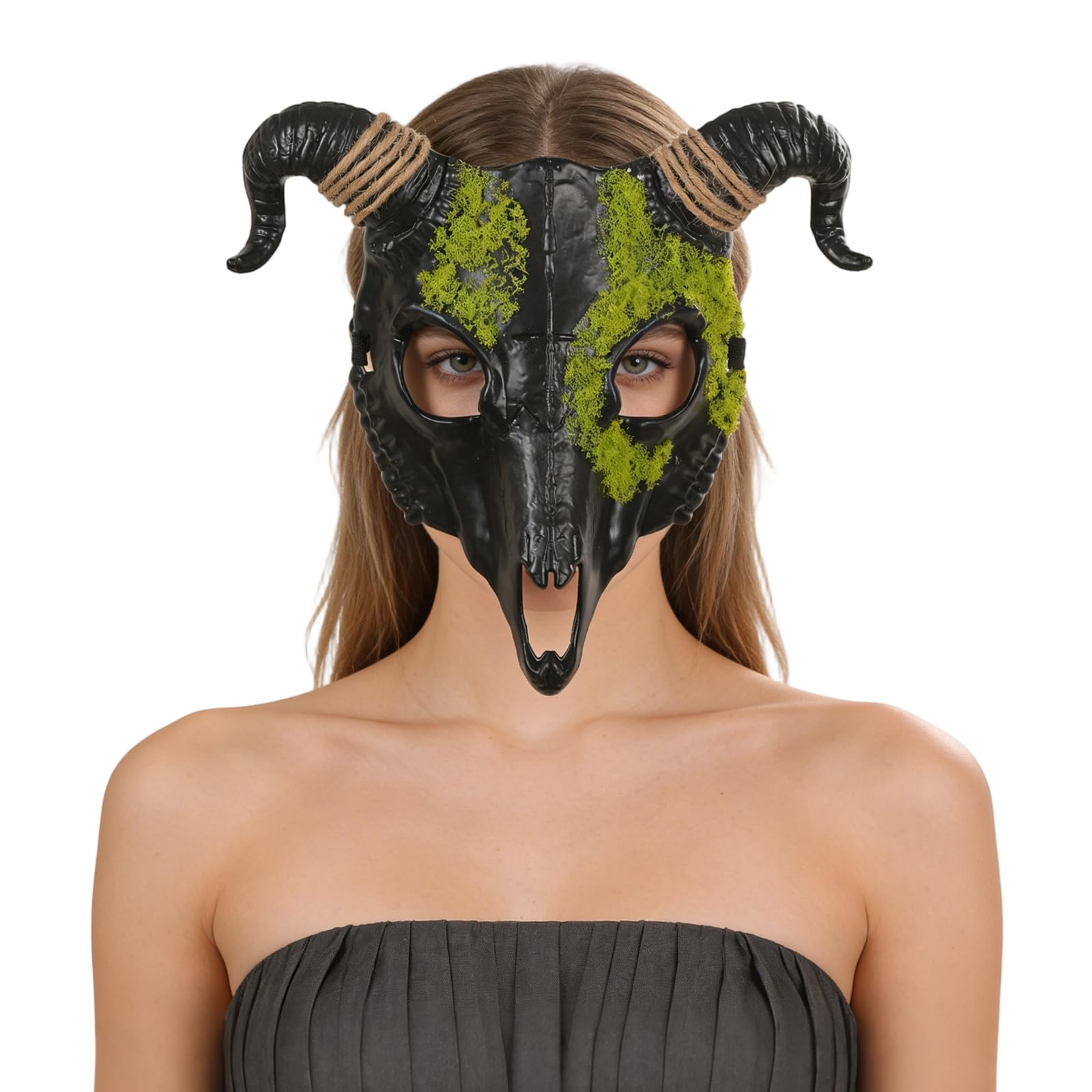 Goat Skull Mask Animal Scary Skull Ram Devil Horns Demon Evil Half Face Prop for Cosplay Halloween Party Masquerade Decor(Green)