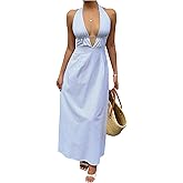 winkbay Women's Striped Halter Maxi Dress Summer Tie Backless Cut Out Deep V Neck Dresses Beach Vacation Clothes