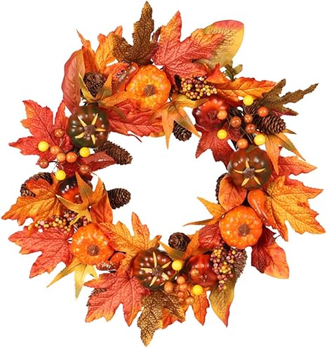 Amazon Harilla ドアリース 花輪 ハロウィンリース 秋のテーマ 人工カボチャ 紅葉 カエデ 手作り花輪 家の装飾 クリスマスツリー デコレーション ホビー