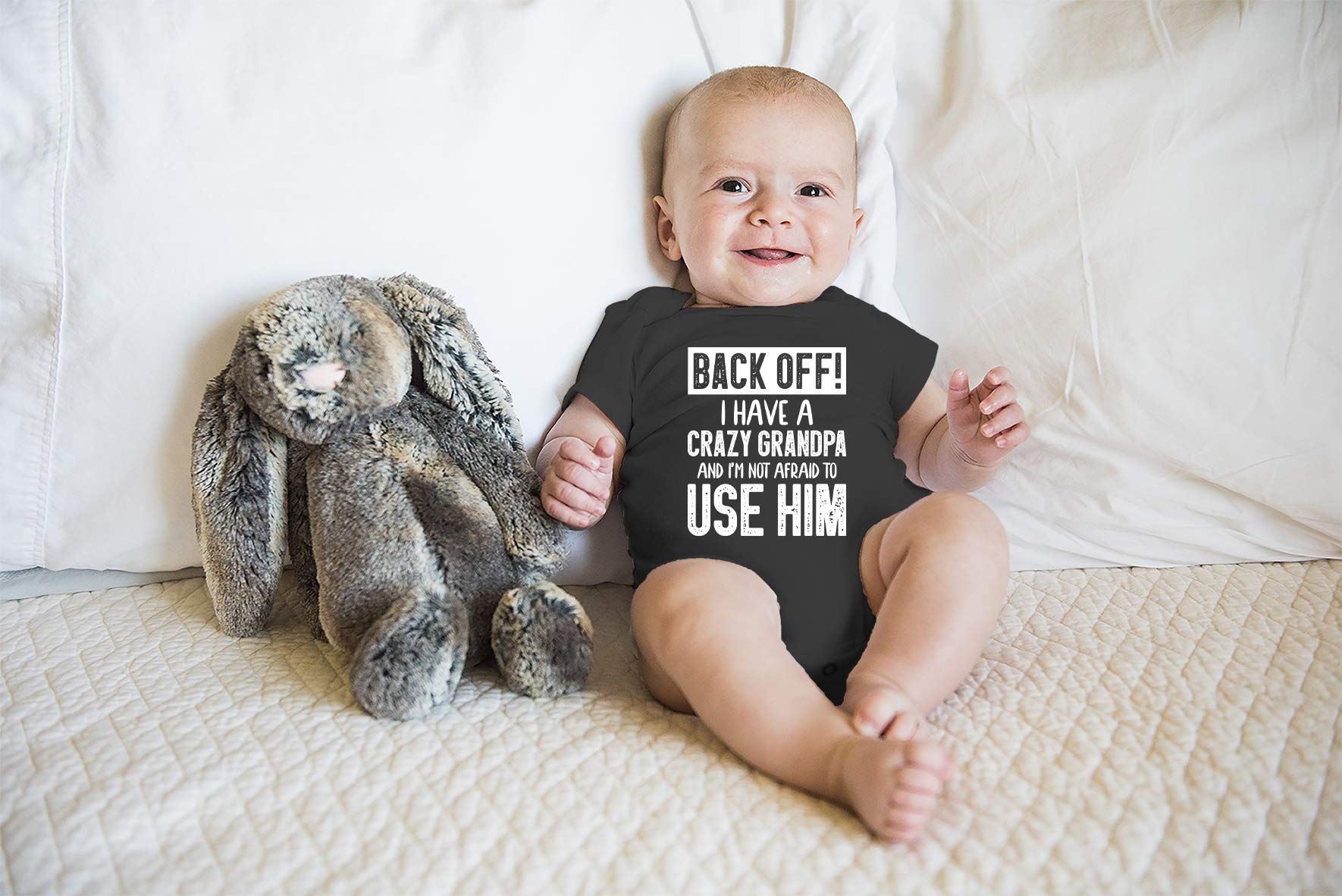 Funnwear Back Off !! I Have a Crazy Grandpa and I'm Not Afraid To Use Him - Funny Baby Essentials Romper