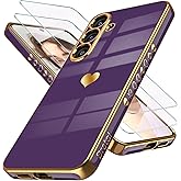 Dretal for Samsung Galaxy S25+ Plus 5G Case with Screen Protector, Women Girl Cute Girly Love-Heart Luxury Gold Soft Camera Protection Bumper Shockproof Phone Case for Galaxy S25+(Deep Purple)