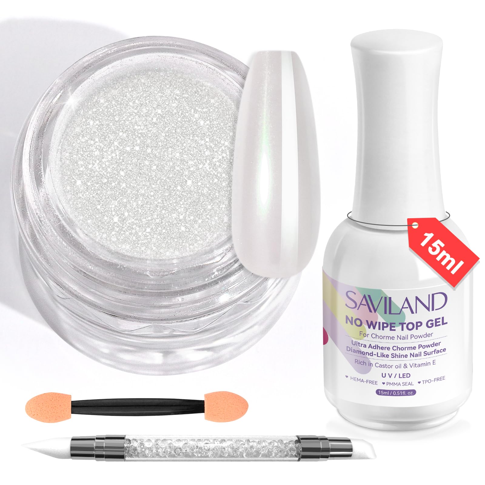 SAVILAND White Pearl Chrome Nail Powder with No Wipe Top Gel: Pearl Aurora Glitter Holographic Chrome Powder Metallic Mirror Effect Pigment Chrome for Nail Art Home Salon DIY