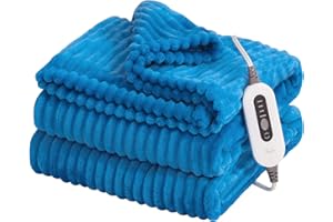 Reaks Heated Blanket Throw - 50" x 60" Electric Blanket with 4 Fast Heating Levels & 3 Hours Auto Off, Soft Flannel Heating Blankets for Home Office, UL&FCC Certification, Machine Washable, Blue