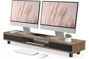 Fenge Dual Monitor Stand, 42.5inch Long Monitor Stands Riser for 2 Monitors, Sliding Door with Storage Organizer Stand for Desk, 2 Tier Desk Shelf for Laptop, Pc, Printer, Computer, TV