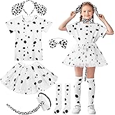 SOMSOC 6 Pieces Girls Dalmatian Costume, 100 Days of School Kids Dog Costume T-Shirt Headband Tail Bow tie Socks Tutu Skirt