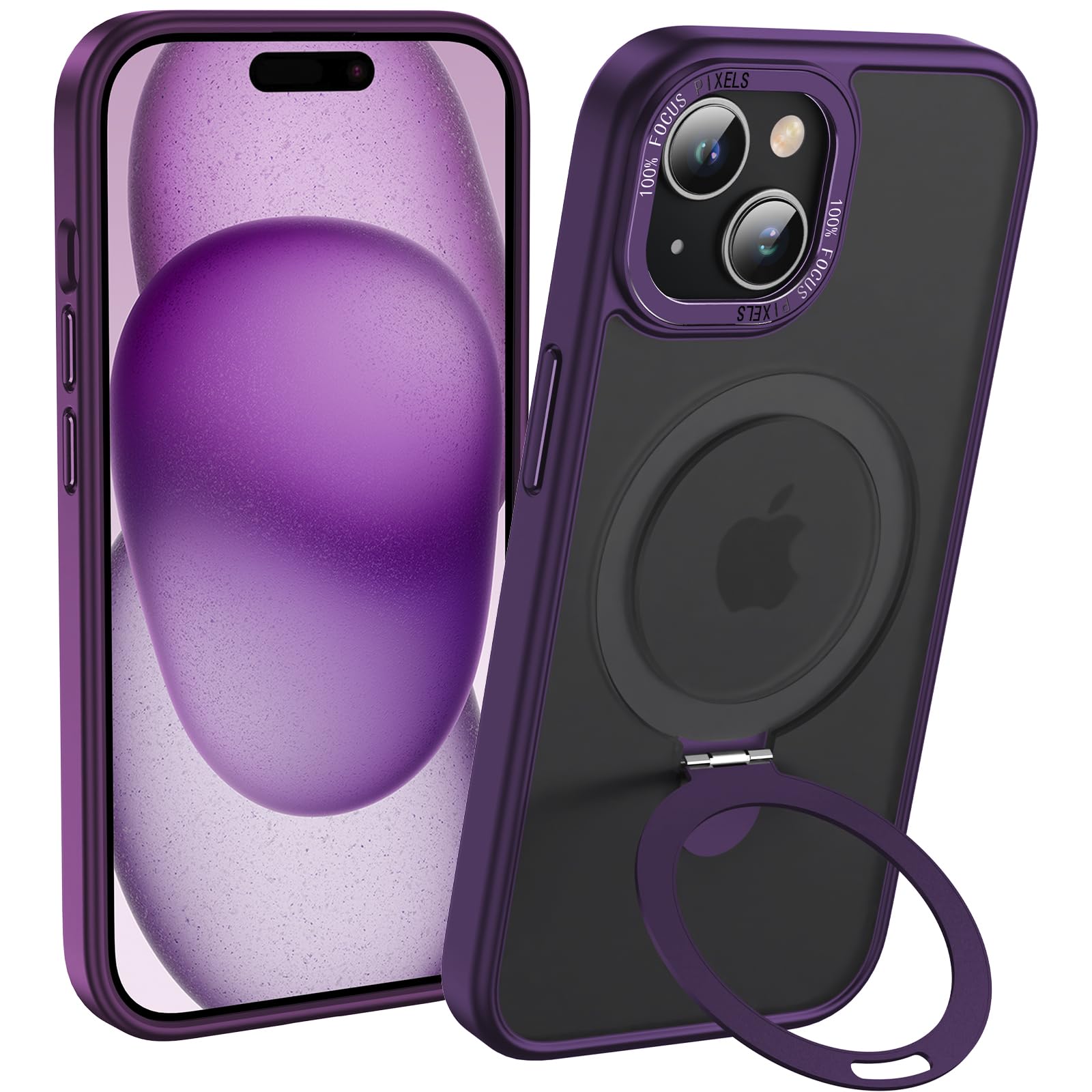 Anqrp Designed for iPhone 15 Case with Invisible Kickstand [Support Magsafe] [Military Protection] Translucent Matte Shockproof Protective Phone Cover for iPhone 15 6.1",Dark Purple
