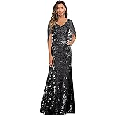 VCCICANY Sequin Mermaid Mother of The Bride Dresses for Women V Neck Long Evening Formal Gown with Cape Sleeves