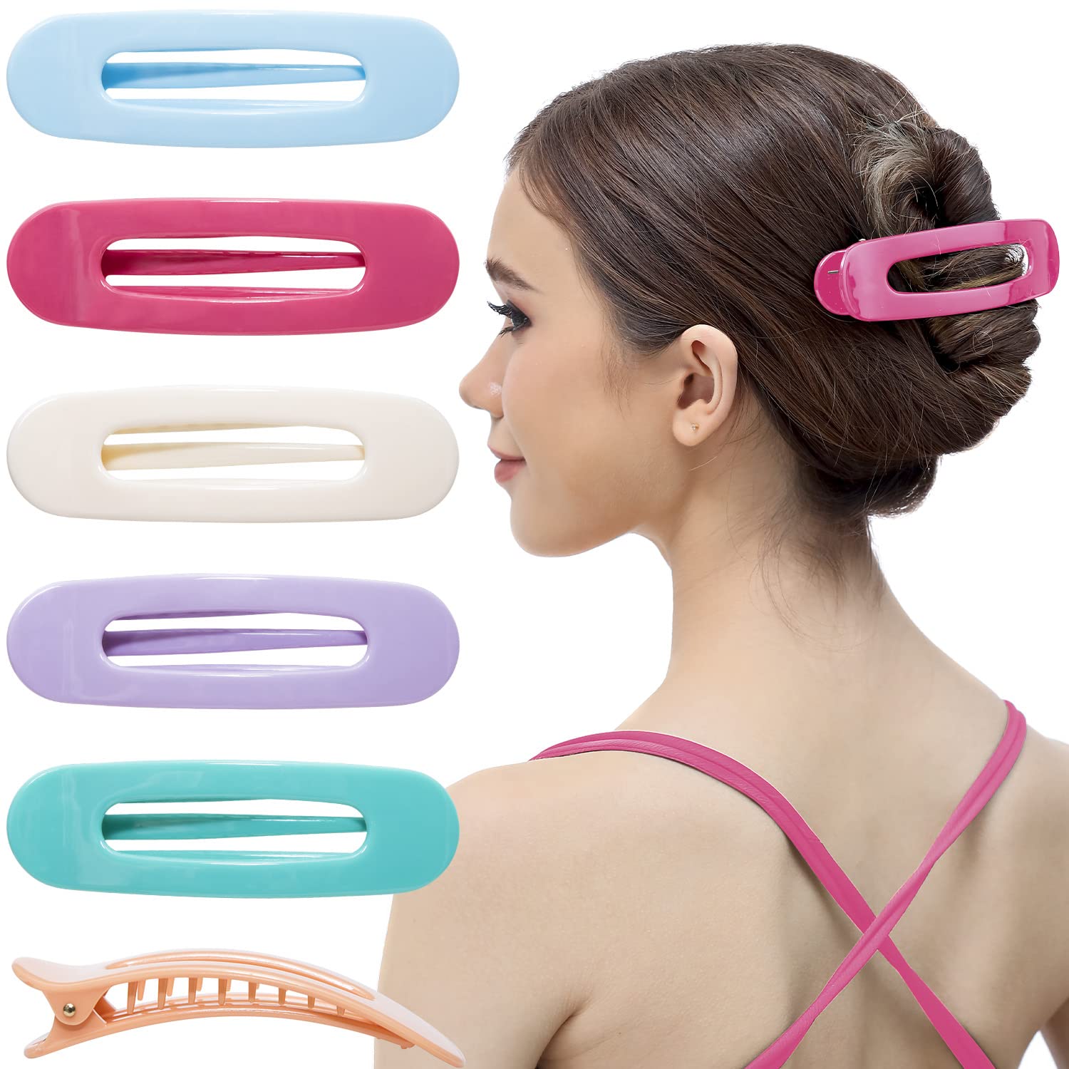 RC ROCHE 6 Pcs Flat Claw Hair Clips for Women Lay Down Barrettes No Crease Side Slide Thick Long Hair Duckbill French Against Head Jaw Claw Styling Clamp, Medium Pastel