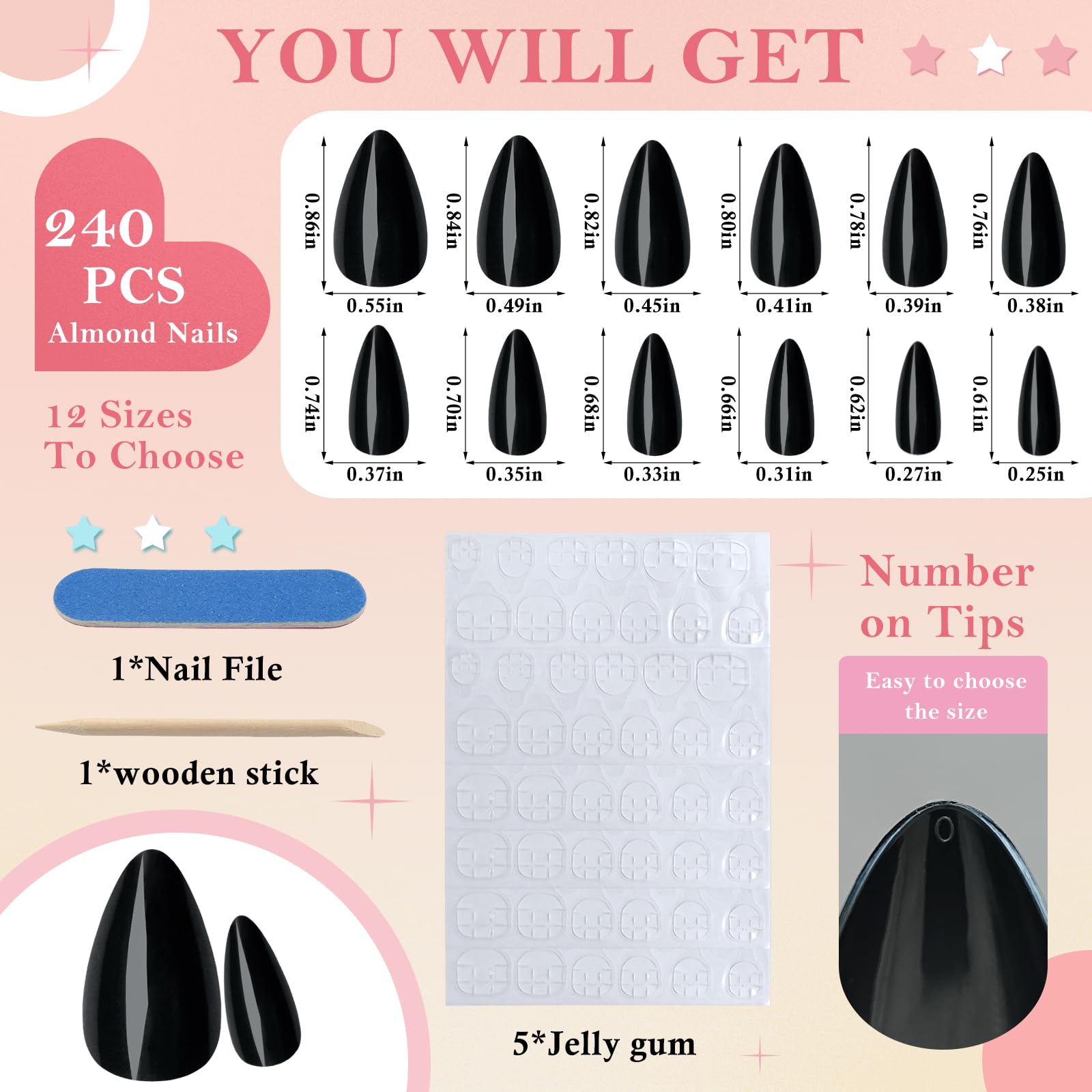 Bellelfin 240Pcs Short Press on Nails Almond Black Fake Nails, Solid Color Acrylic Nails Press ons Full Cover Artificial False Nail Tip with 5 Sheets Adhesive Tabs for Women Girls - Image 2