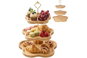 DUJUST Elegant 3-Tier Wooden Cupcake Stand with Flower-Shaped Design, Rustic Bamboo 3 Tiered Serving Tray for Cupcake, Desser
