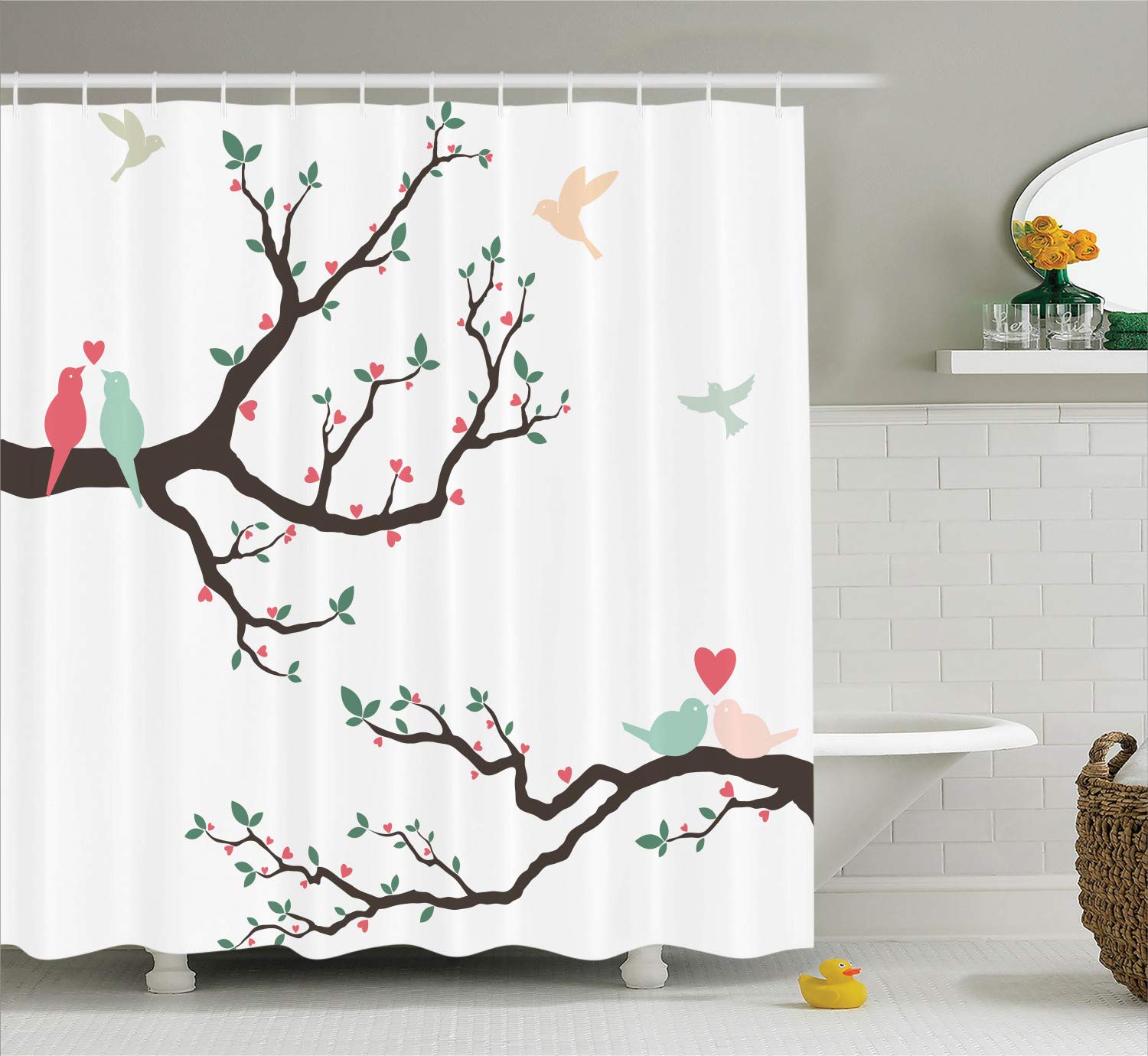 Amazon Com Ambesonne Love Shower Curtain Retro Birds On The Tree
