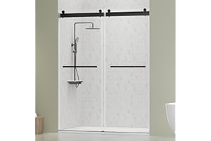 DELAVIN 56"-60"W x 75"H Frameless Shower Door, Double Sliding Shower Door, 5/16"(8mm) Clear Tempered Glass, Noiseless Shatterproof Shower Door with Square Rail, Stainless Steel, Aluminum, Matte Black