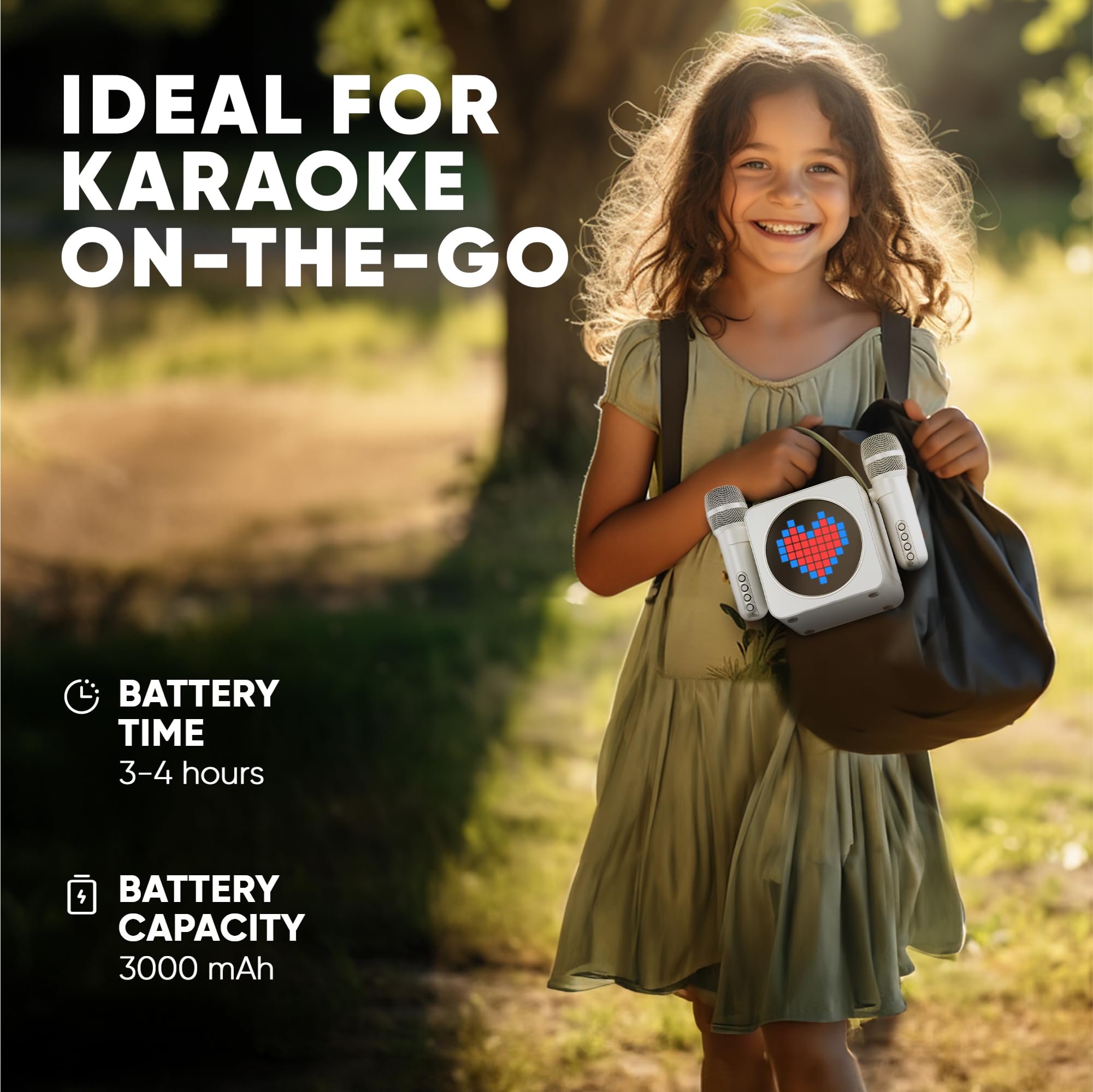 MASINGO Portable Mini Karaoke Machine for Kids and Adults with Dual Wireless Bluetooth Microphones, Animated LED Display, USB/Aux/MicroSD, Voice Effects, Fun Karaoke Toy for Girls and Boys, Animato S1