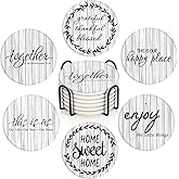 Britimes Coaster for Drinks Set of 6, White Old Wood Wooden Board Table Absorbent Round Ceramic Stone Mat, with Cork Base and Metal Holder, Gift for Housewarming Room Bar Decor