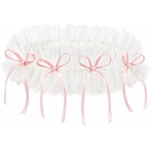 Something Pink Bridal Garter, White Lace with Bows & Pearls | Pink tulle bridal garter with ruffle layers, bow accents and pe
