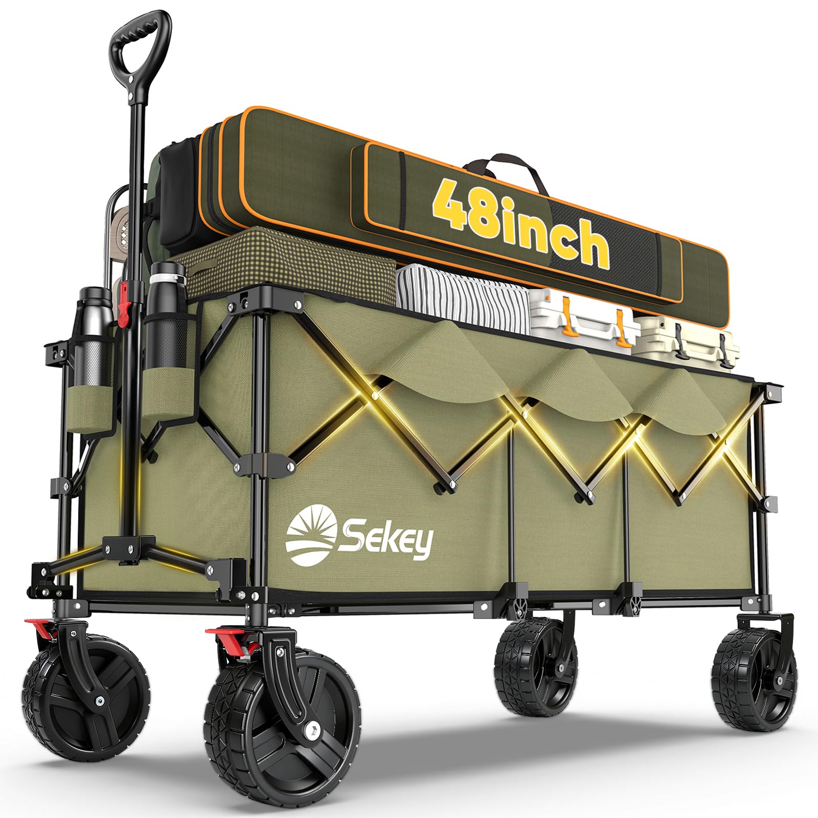 Sekey 48''L Collapsible Foldable Extended Wagon with 660lbs Weight Capacity, Heavy Duty 300L Folding Utility Garden Cart with Big All-Terrain Beach Wheels & Drink Holders. Khaki Image