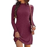Oakgarden Women's Knit Long Sleeve Sweater Dress Lettuce Trim Mock Neck Tunic Dress Fall Winter Casual Trendy Outfits