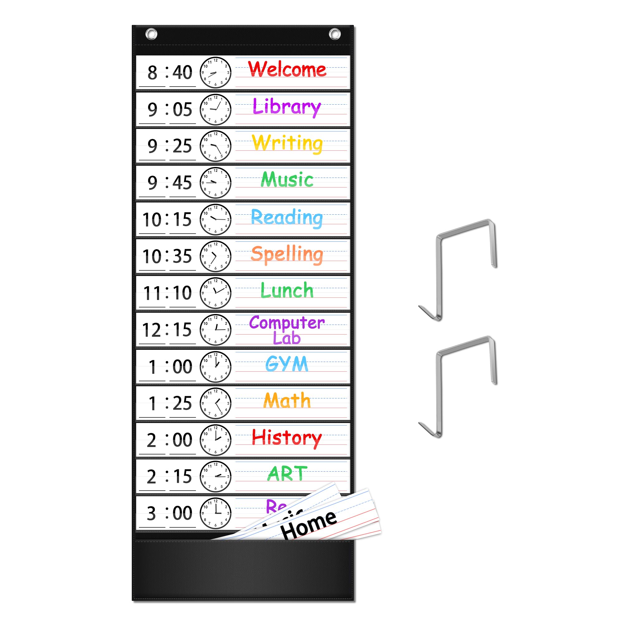 Eamay Daily Schedule Pocket Charts, Teaching Scheduling Pocket Chart, Hanging File Organizer with 18 Dry Erase Cards, Educational Tool for Classroom, School, Office or Homeschooling （Black）