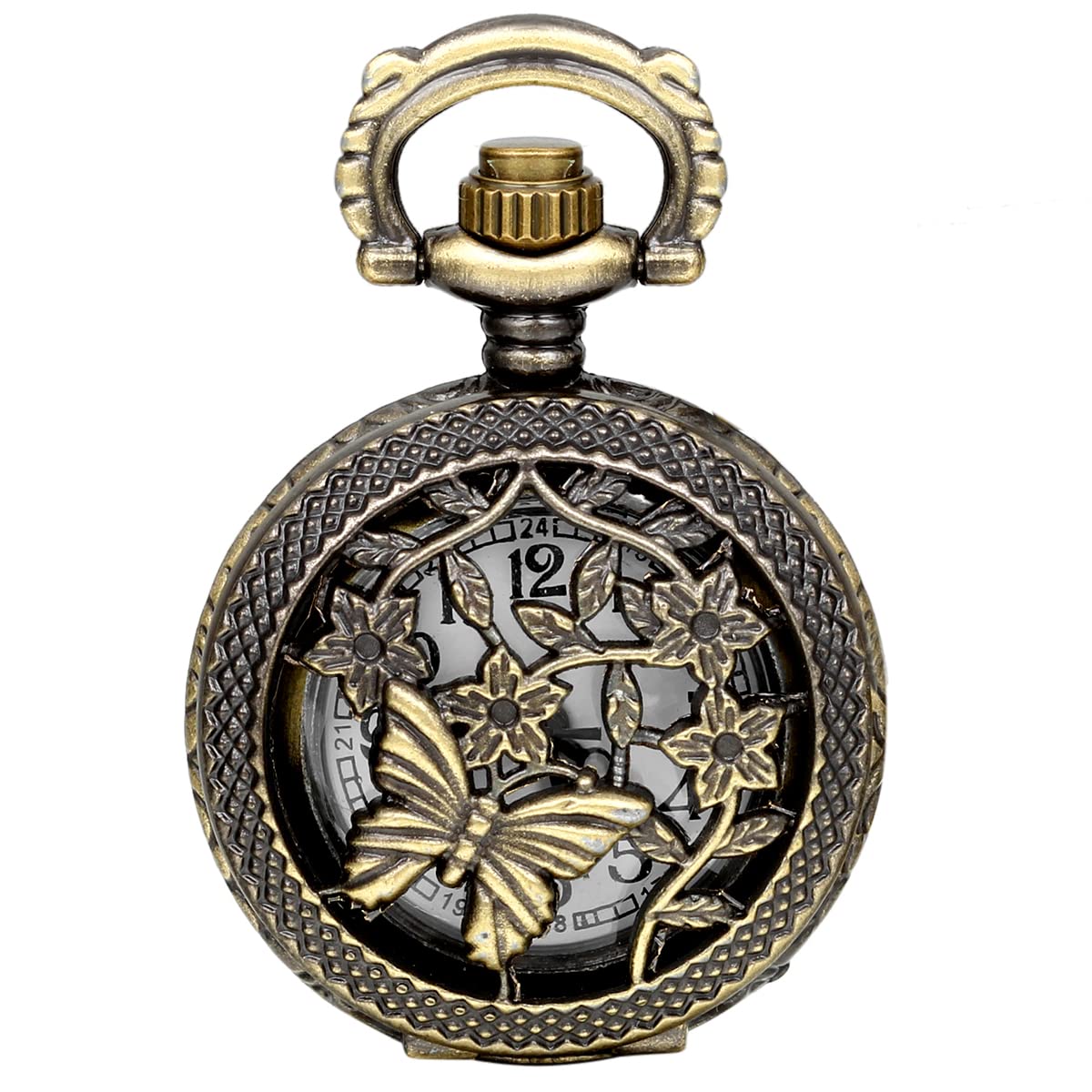 JewelryWe Mothers Day Gifts Bronze Butterfly Pattern Openwork Cover Women Ladies Quartz Pocket Watch with 31.5" Chain