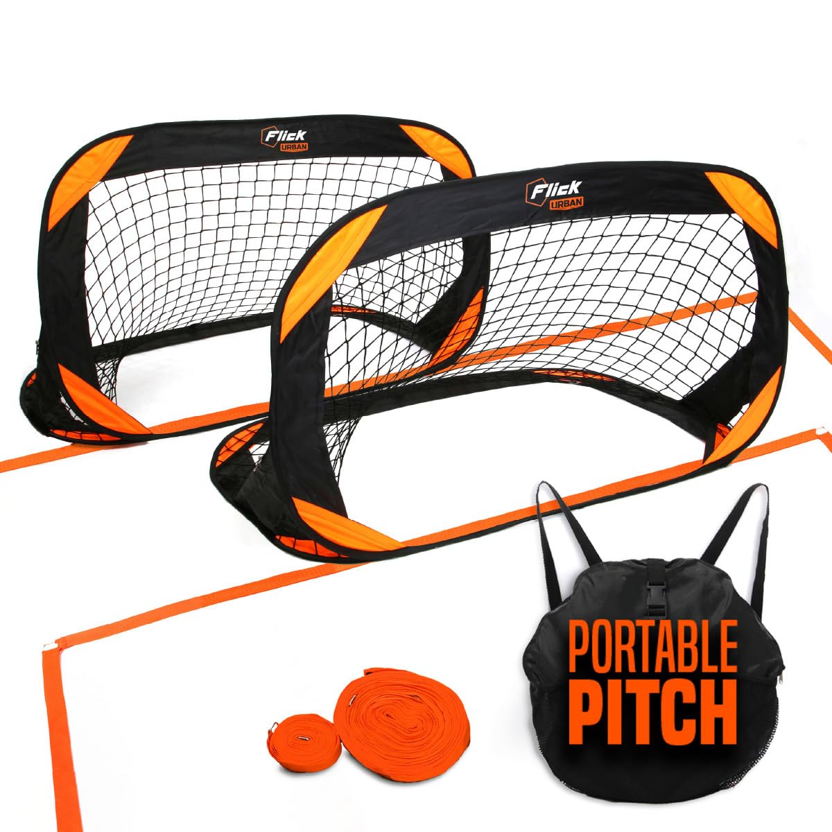 Flick Urban Pitch Pack | Portable Football Pitch Includes 2 x Compact Pop-Up Goals, Pitch Marker and Backpack