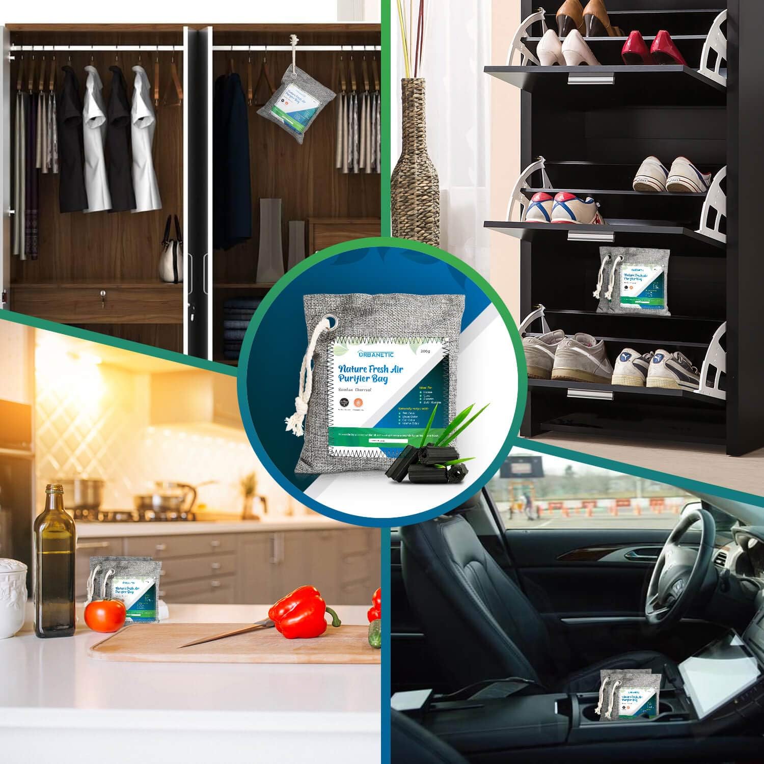 Activated Charcoal Air Purifying Bag - Nature Fresh Bamboo Air Purifier Bags, Odor Eliminators For Home, Closet Odor Absorber, Car Air Freshener, Deodorizer For Rooms Absorbers 4 X 200g: Kitchen & Dining