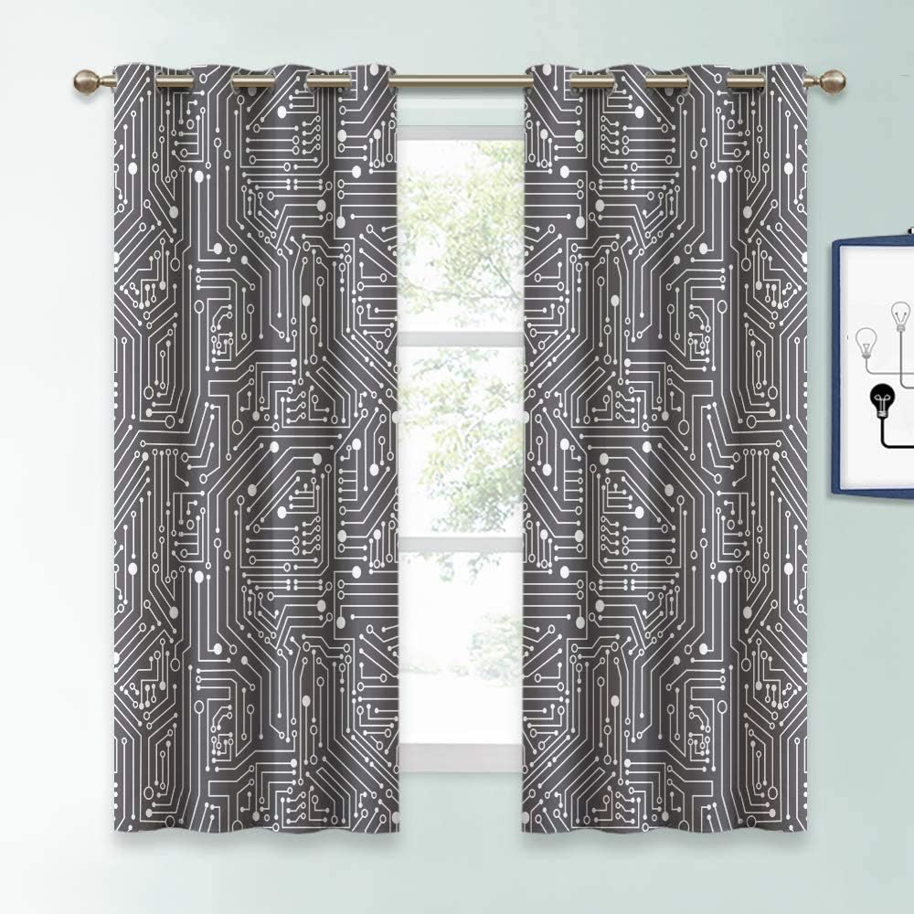 KGORGE Geometric Print Curtains Blackout - Simple Bold White Dots Lines Tech Pattern, Abstract Window Decor for Kitchen/Home Office/Bedroom/Family Room, 2 Pcs, 52 x 63 inches, Grey