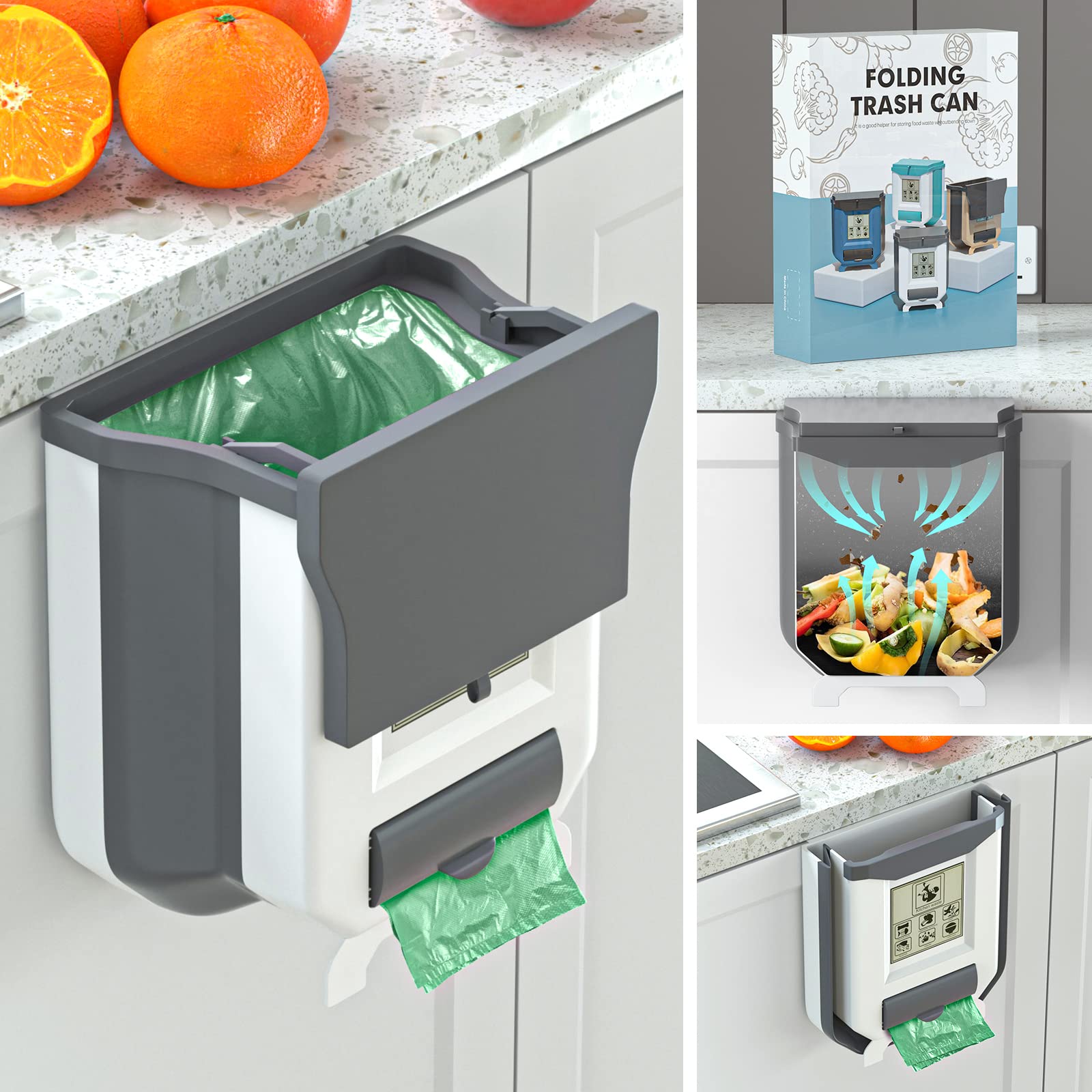Gintan 2.4 Gallons Foldable Kitchen Door Bin，Hanging Trash Bin with Lid, Compost bins for Kitchen/Camping/RV/Car/Bathroom/Office/Bedroom (Grey)