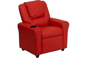 Flash Furniture Vana Vinyl Kids Recliner with Cup Holder, Headrest, and Safety Recline, Contemporary Reclining Chair for Kids, Supports up to 90 lbs., Red
