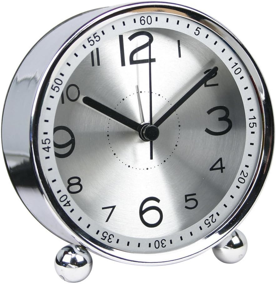 HENSE 4-inch Table Clock Ultra-quiet Metal Small Alarm Clock, Classic Retro Style Quartz Clock, Desk Cupboard Bedside Travel Alarm Clock (Silver)