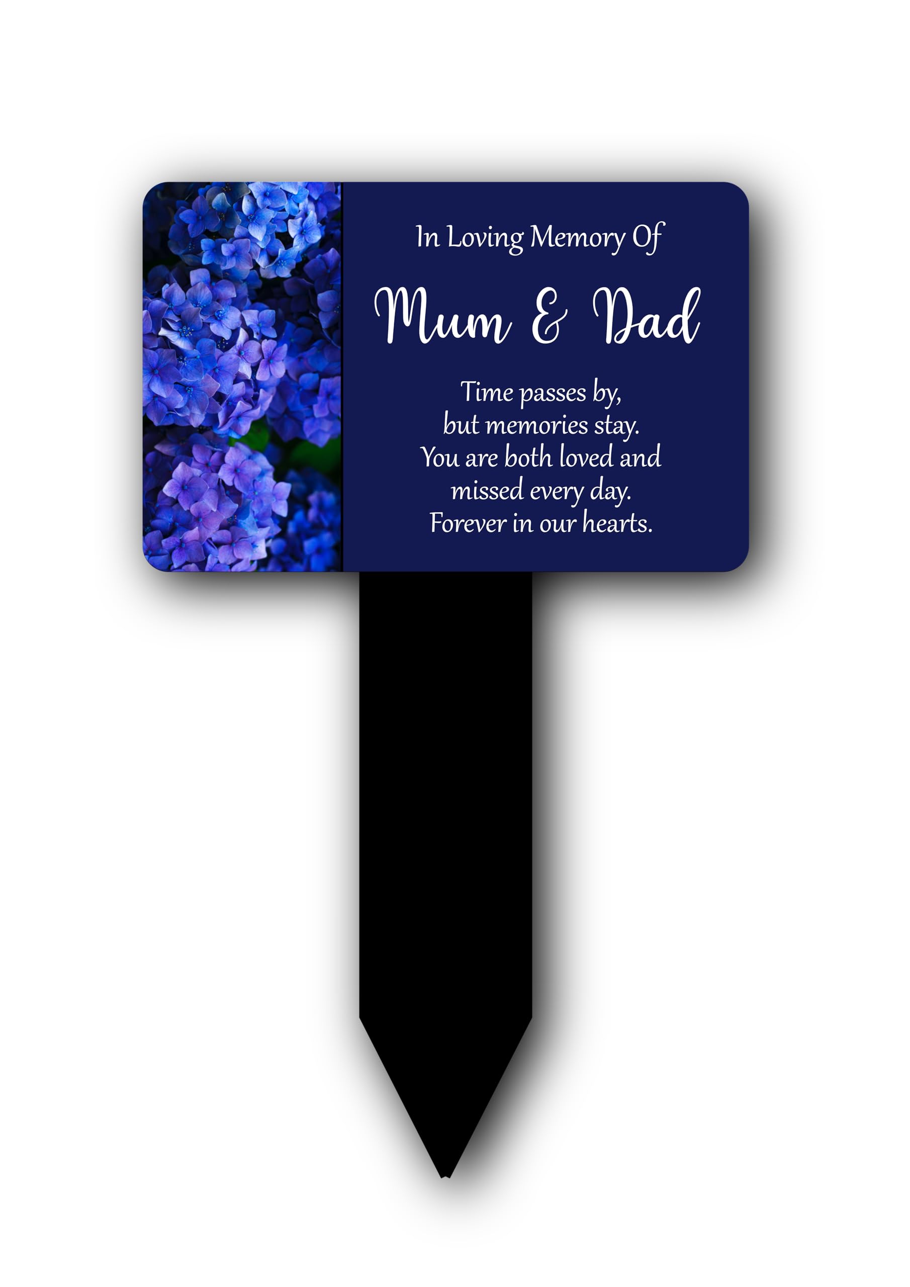 Mum & Dad Memorial Garden Stake – Hydrangea Remembrance Plaque, Weatherproof – Solid Aluminium Plaque (140×90 mm) on 5 mm Black Acrylic Stake – Dark Blue Floral – Overall 230×140 mm