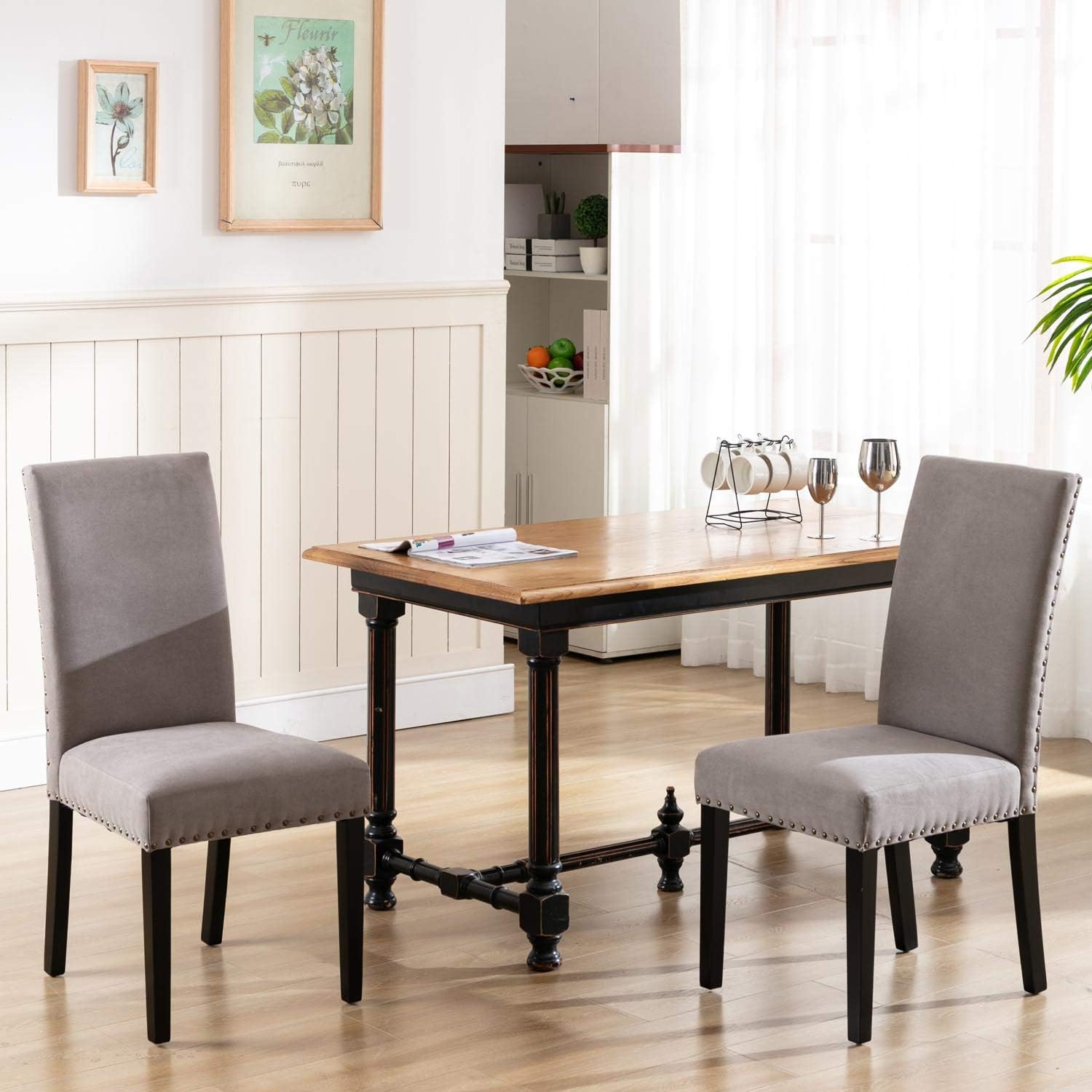 DininL Fur Dining Chair Kitchen Chairs Set of 2 Modern Dining Room Side Chairs Fabric Cushion Seat Back with Nailhead Trim (Grey) - Chairs