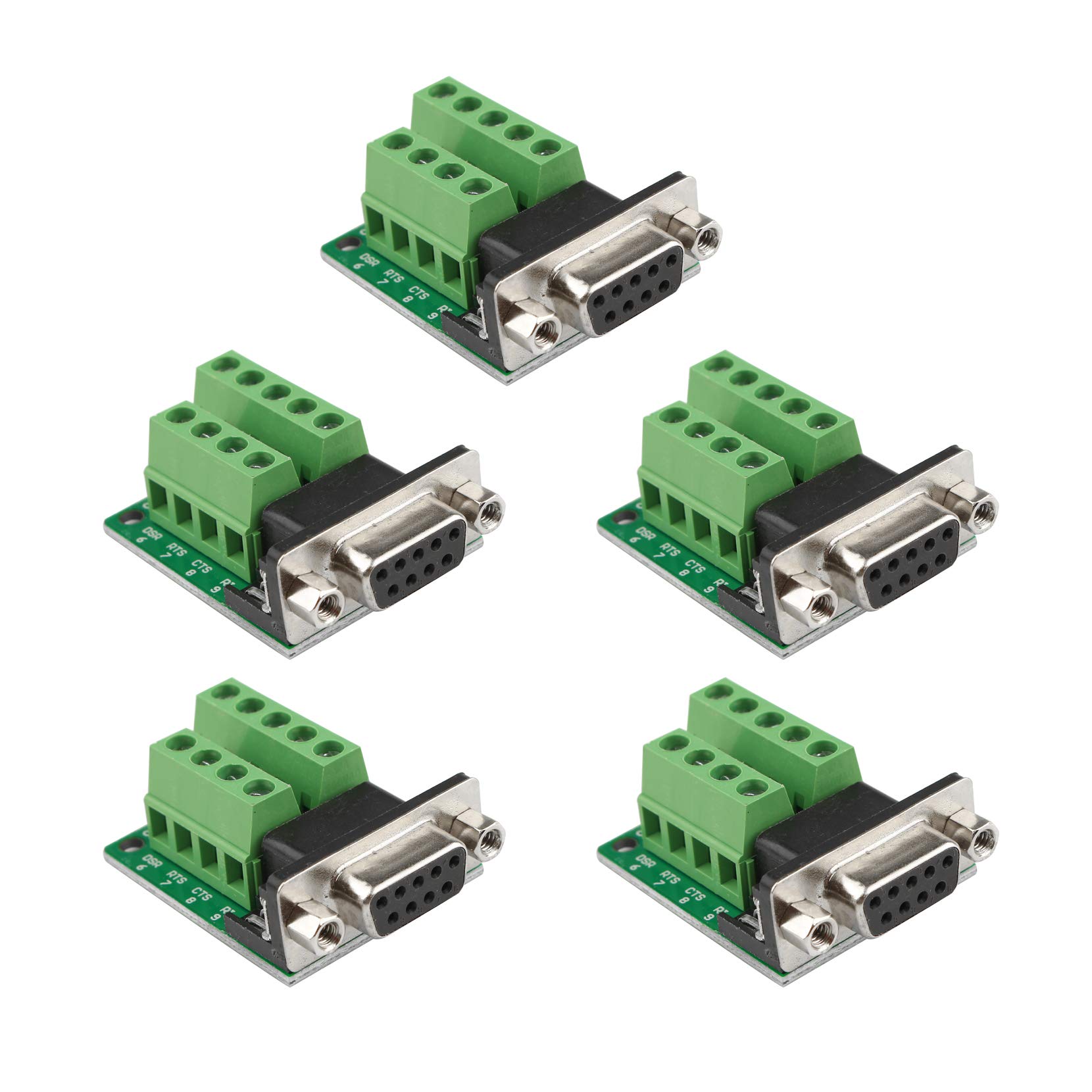 Futheda 5Pcs D-sub DB9 Interface Breakout Board Connector 9-pin 2-row Female RS-232 Serial Port Solderless Terminal Block Adapter with Positioning Nuts